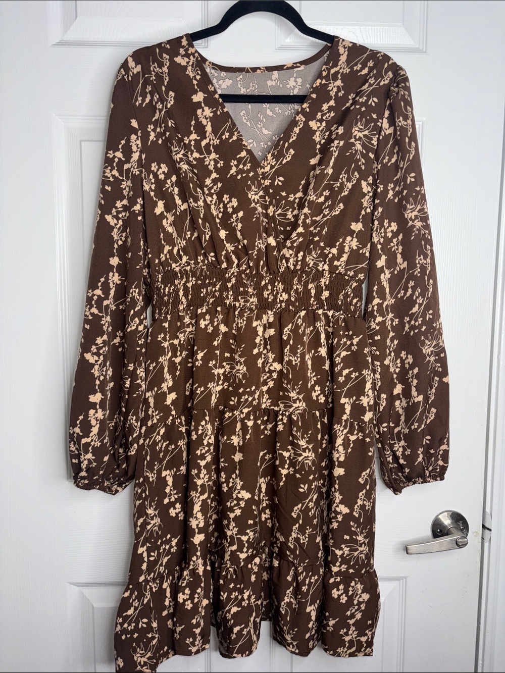 Women's Brown Floral V-Neck Tiered Boho Dress